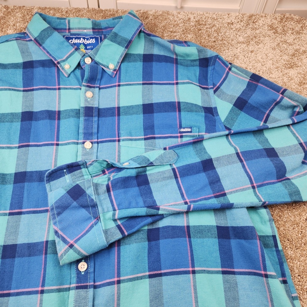Chubbies Mens XL Flannel Shirt Blue Teal Pink Plaid Long Sleeve Button Down